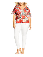 City Chic Womens Plus Twist Front Floral Print Blouse Red 24
