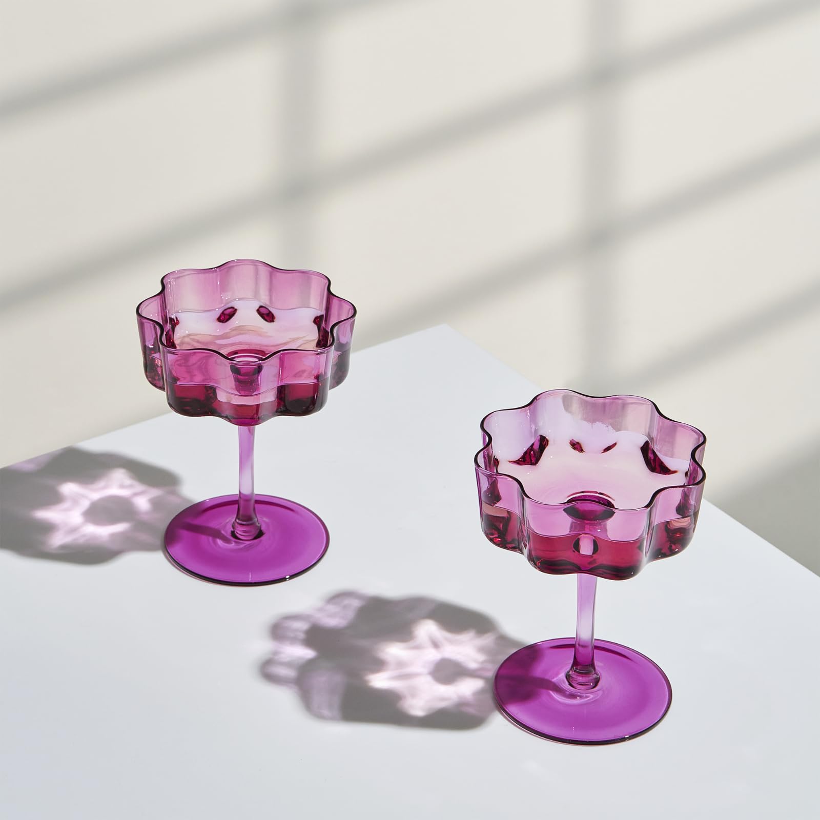 Flower Wave Coupe Cocktail Colored Glasses | Set of 2 | Amethyst Purple