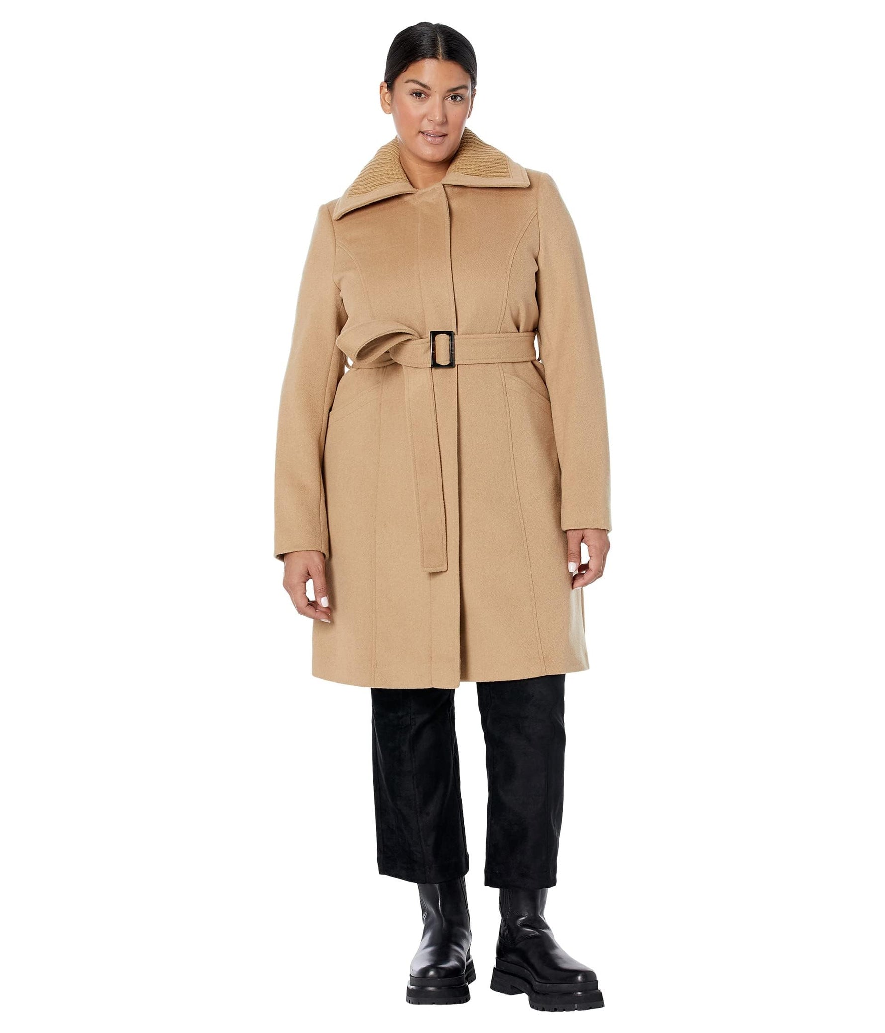 Sam Edelman Asymmetrical Trench with Knit Collar insert Camel