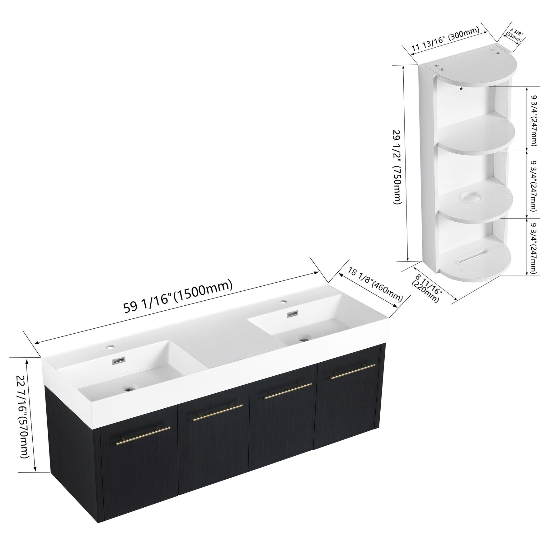 Modern Wall Mounted Bathroom Vanity With Resin Sink and Storage Rack