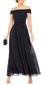 Adrianna Papell Women's Off The Shoulder Chiffon Gown Blue Size 6