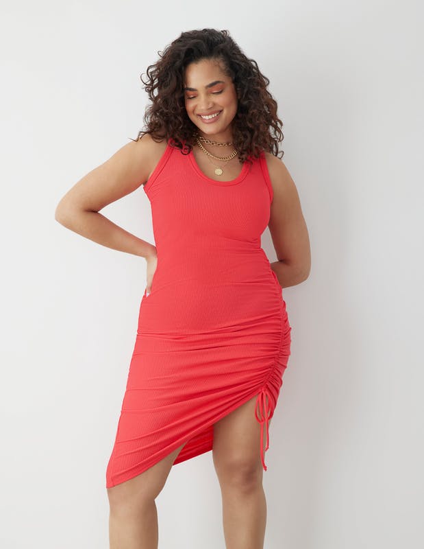 GSTQ Drawstring Rib-Knit Tank Dress - Pink - S