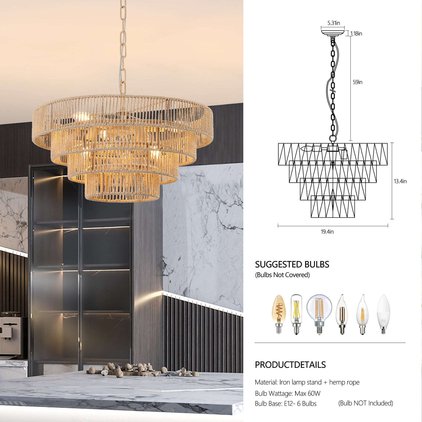 20' Modern 4-Layer Woven Hemp Rope Chandelier