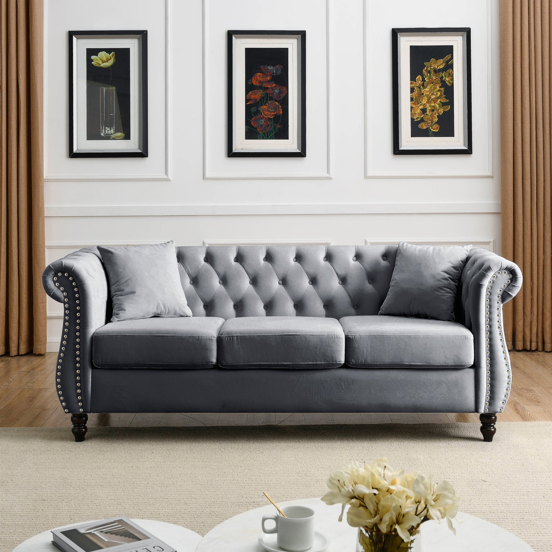 80" Grey Velvet Chesterfield Sofa