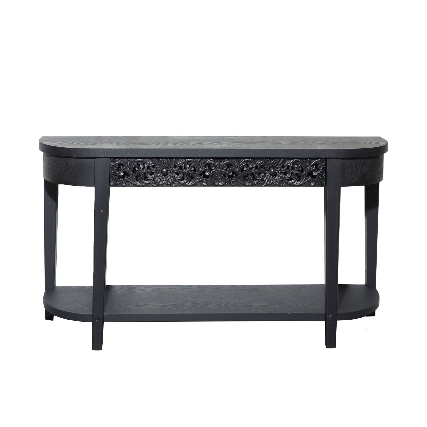 59.2in Black Carved Wooden Console Table with Lower Storage Shelf and Drawers