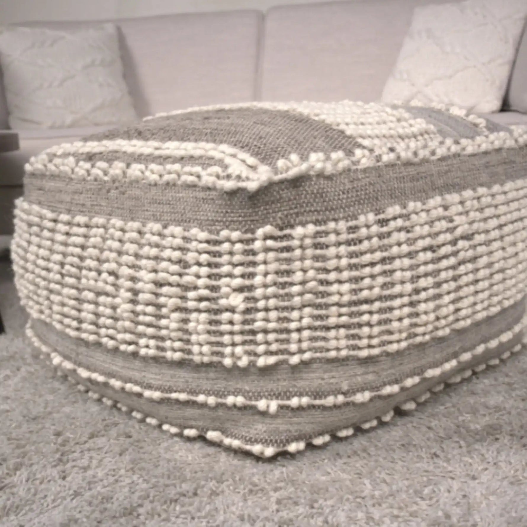 Rustic Wool and Cotton Large Pouf Handcrafted Tufted Design - Brown / Beige