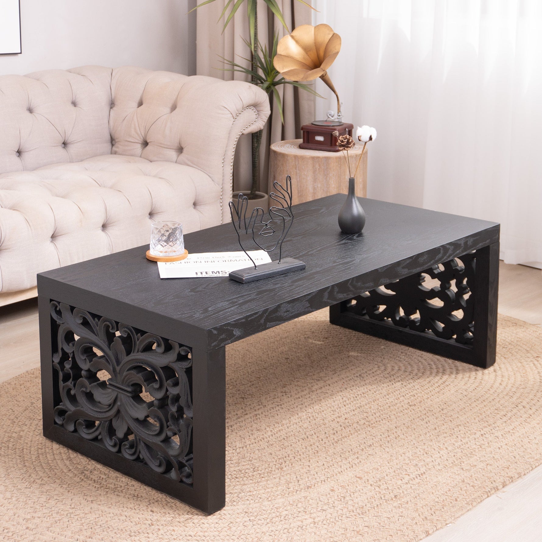 47.2" Solid Black Carved Wood Coffee Table – Handcrafted Look with Ornate Side Panels