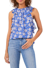 Vince Camuto Floral Ruffle Edge Sleeveless Blouse in Deep Blue, Size Large