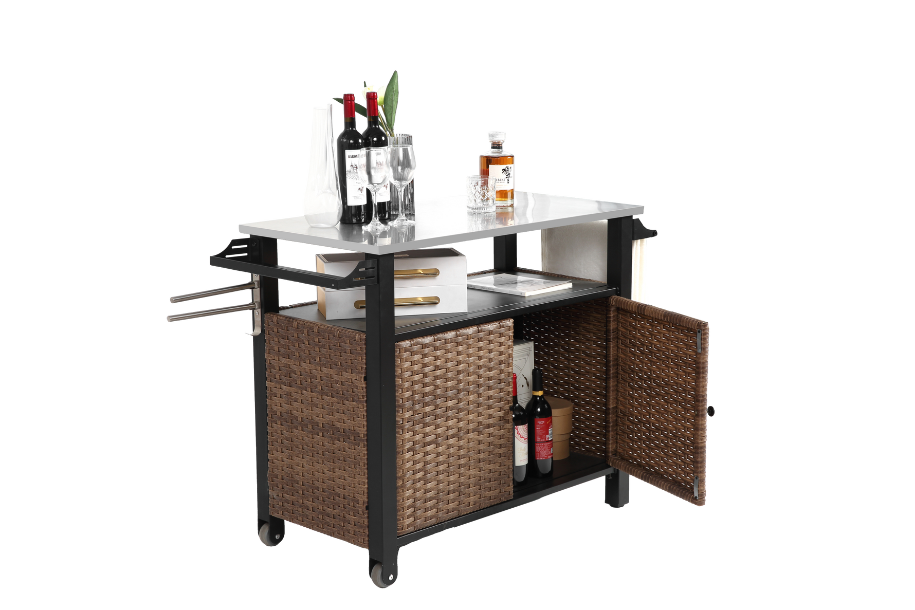 Outdoor Kitchen Wicker Island Rolling Cart & Storage Cabinet Brown