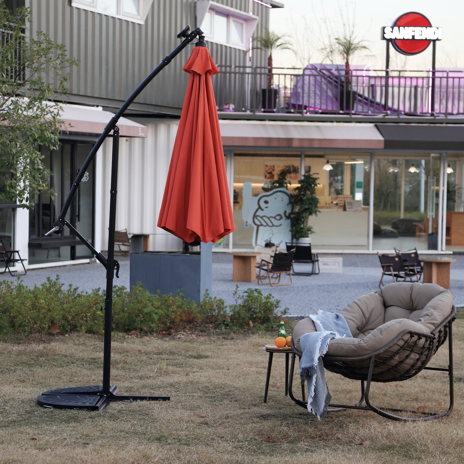 10ft Solar LED Offset Hanging Market Patio Umbrella (Orange)