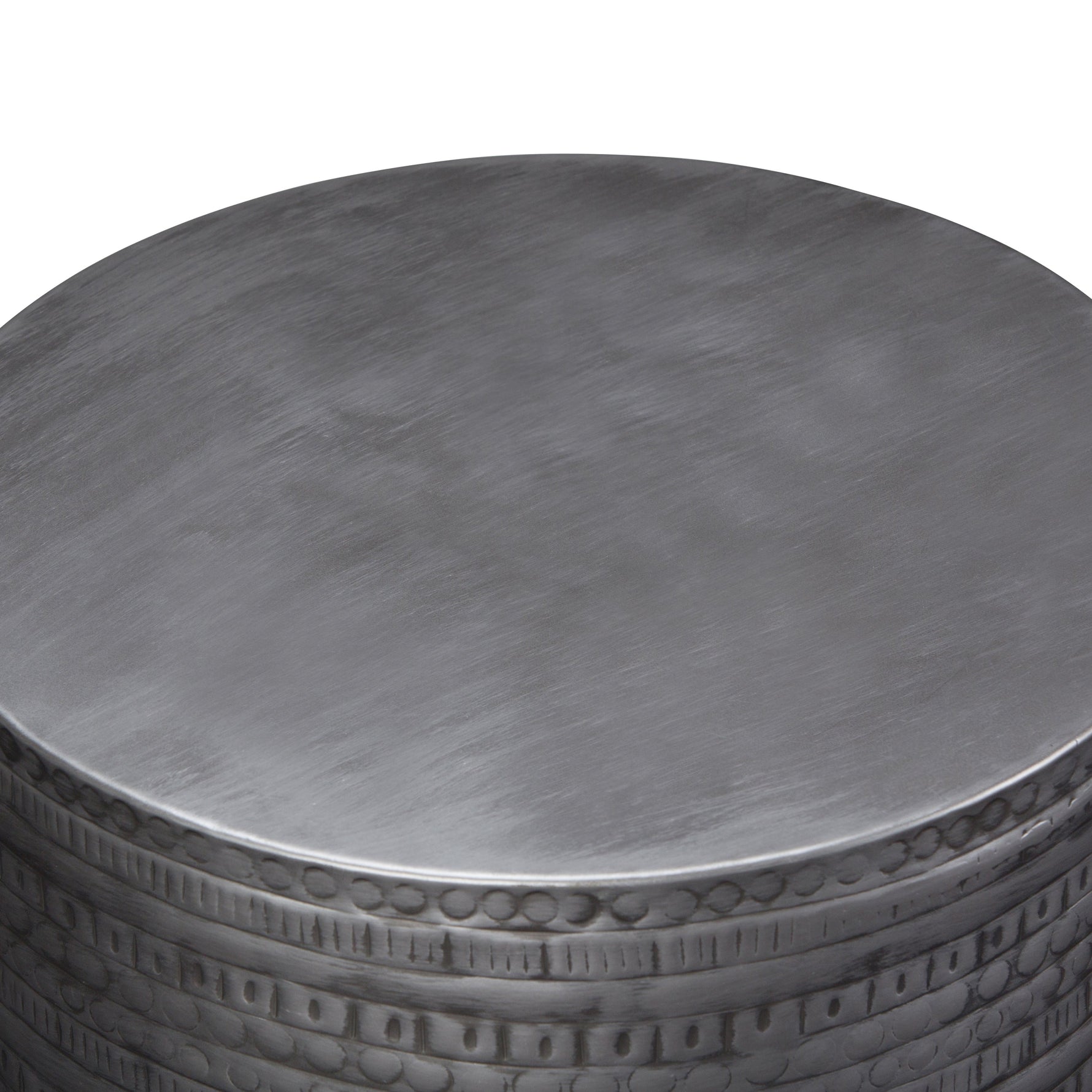Johnsen 15 Inch Wide Tribal Pattern Metal Accent Table in Antique Silver