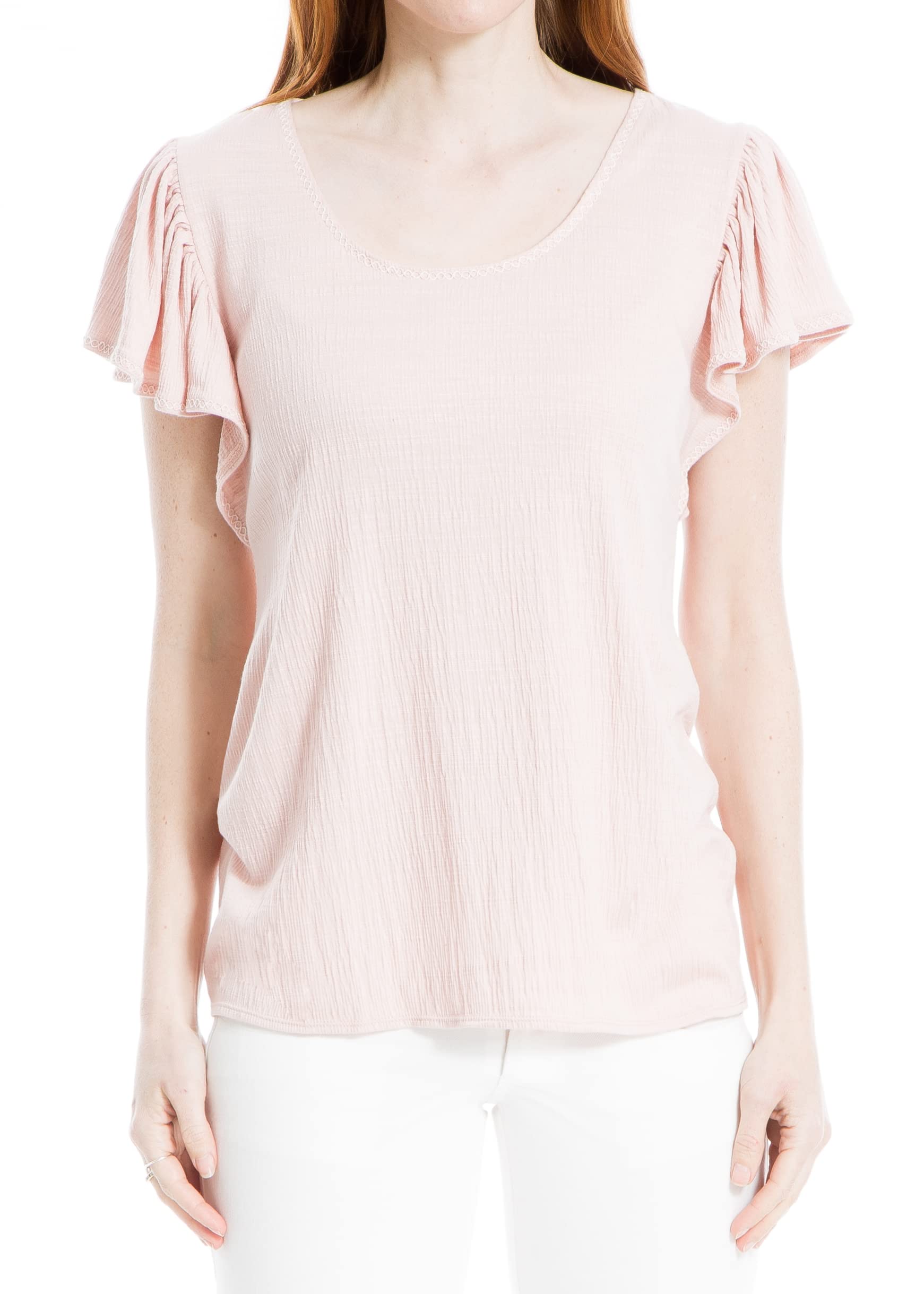 Max Studio Women's Flutter Sleeve Crinkle Jersey Top, Blush, Large