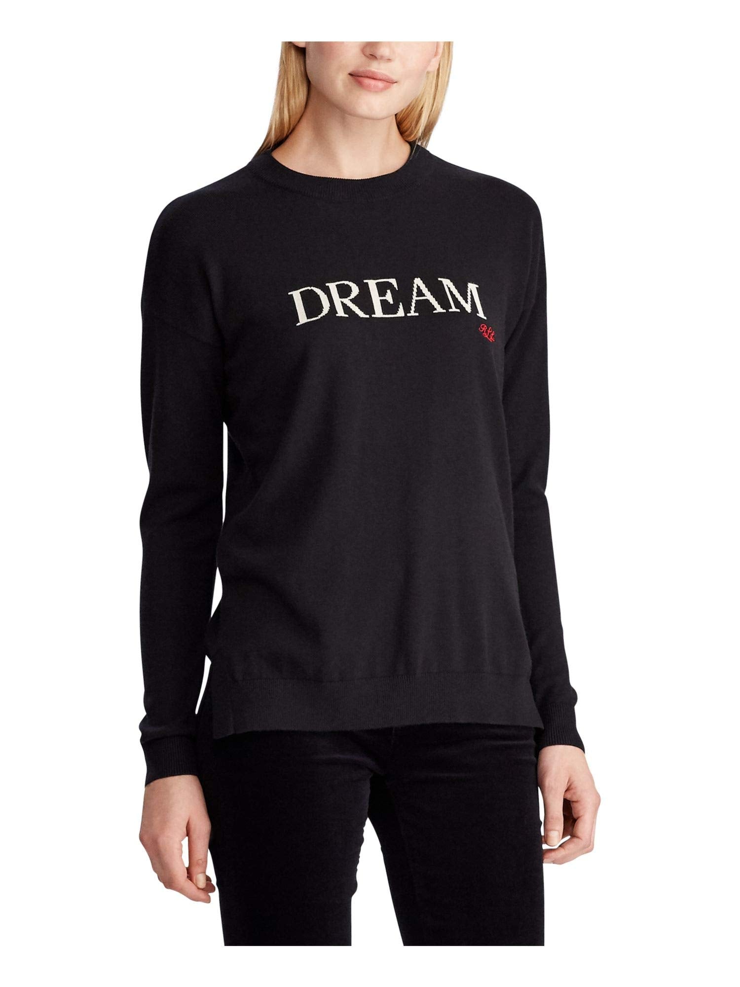 Ralph Lauren Womens Black Printed Long Sleeve Crew Neck T-Shirt Sweater Size PM