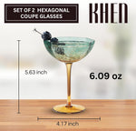 Khen Hexagonal Coupe Glasses Elegant Break Resistant  - Set of 2 Teal + Brown