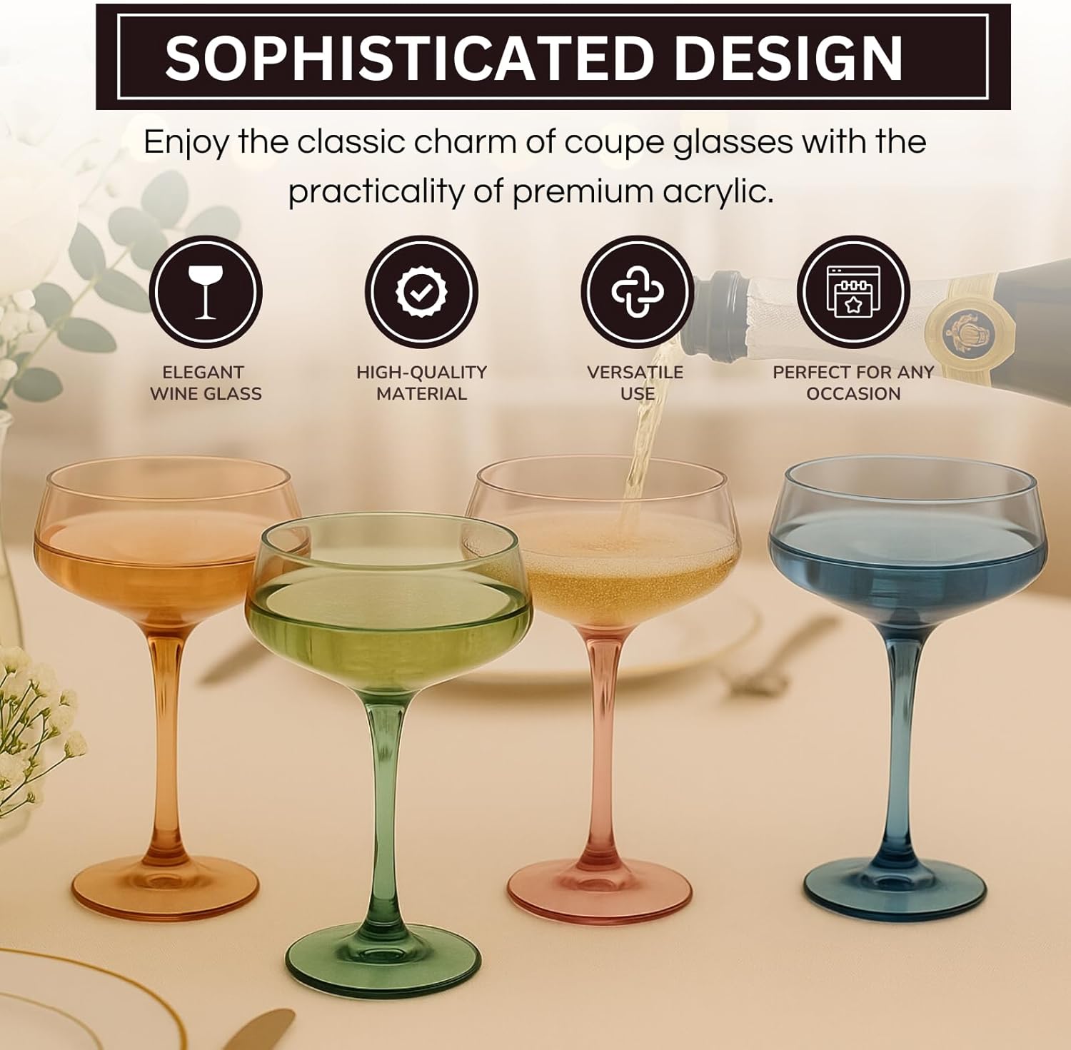 Khen Colored Acrylic Coupe Glasses – Set of 4 Stemmed 8 oz