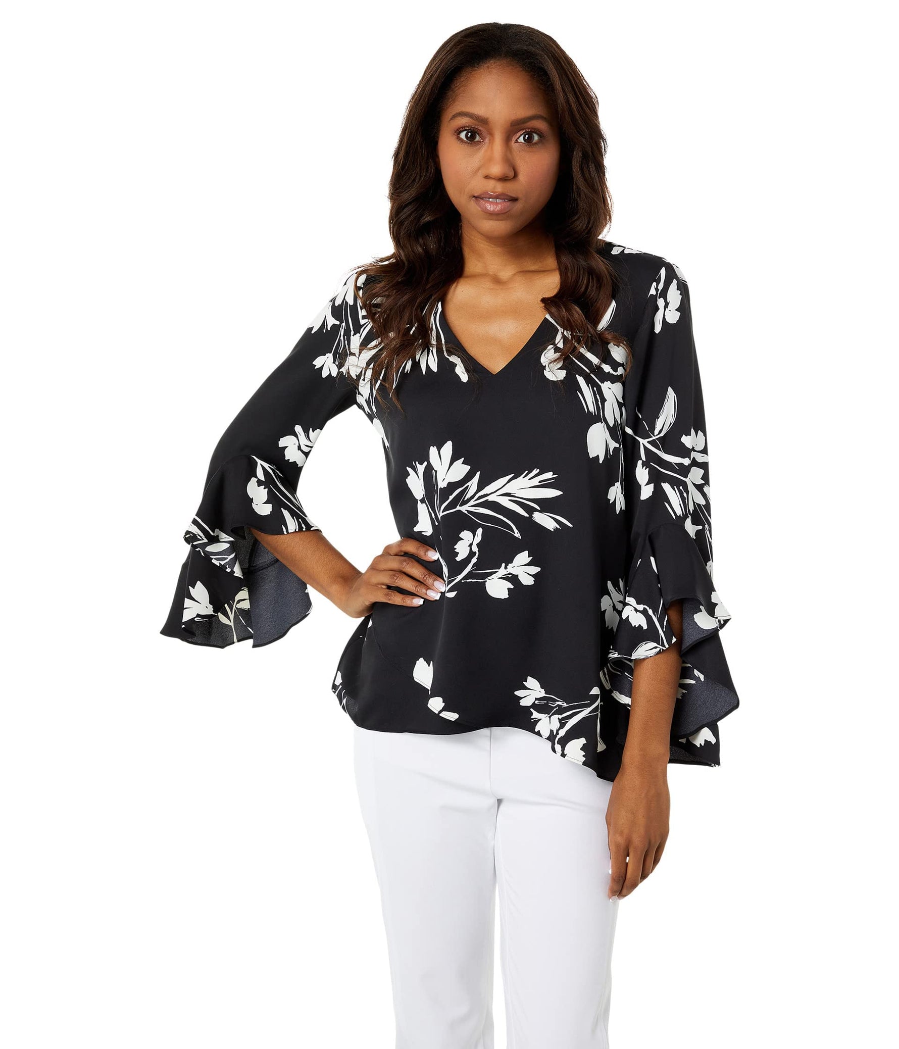Vince Camuto Flutter Sleeve Floral Whisps V-Neck Tunic Rich Black LG