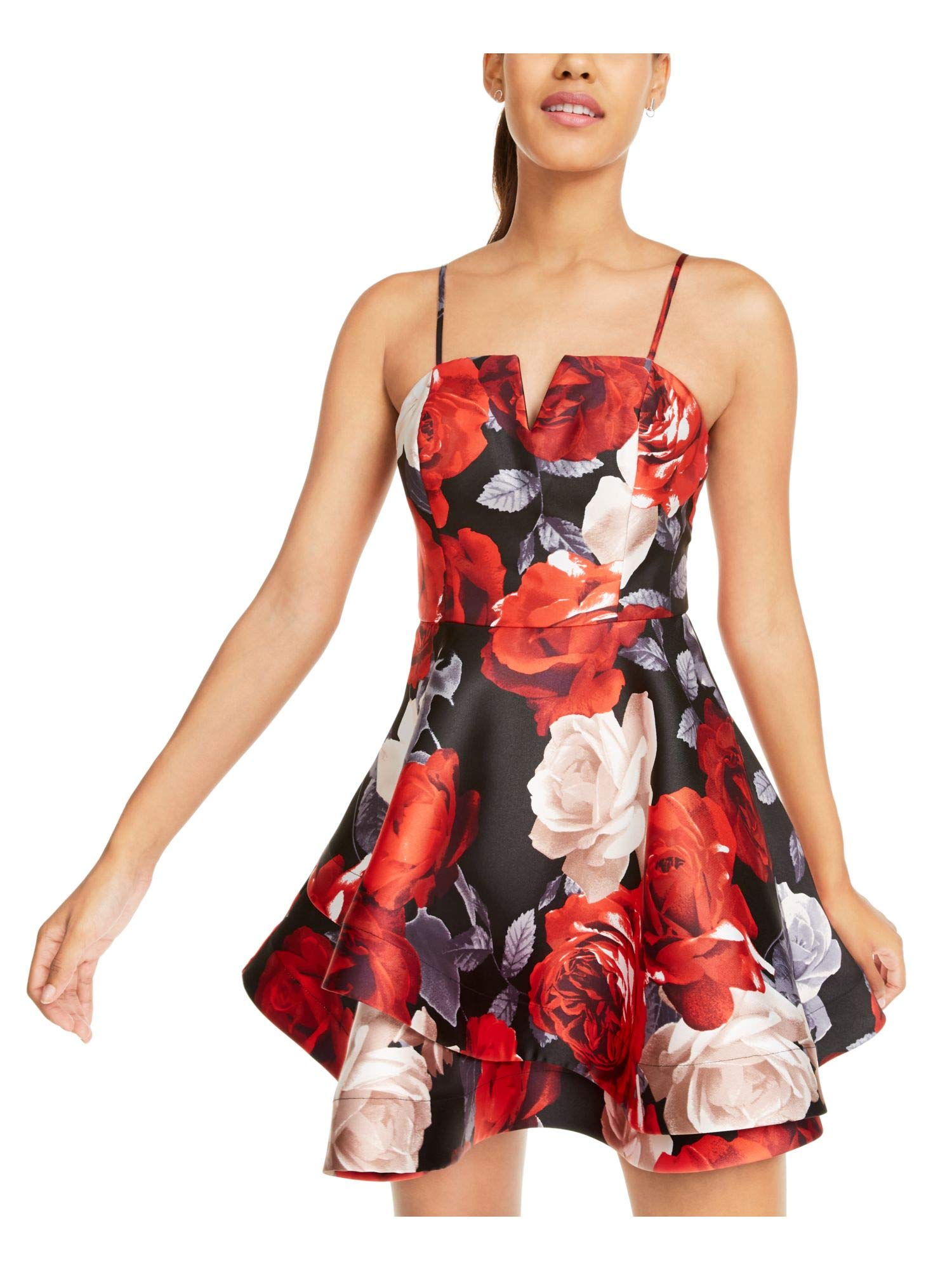 Trixxi Womens Black Floral Spaghetti Strap Square Neck Short Fit + Flare Cocktail Dress Size 3