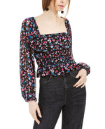 Leyden Womens Juniors Smocked Floral Top Black L