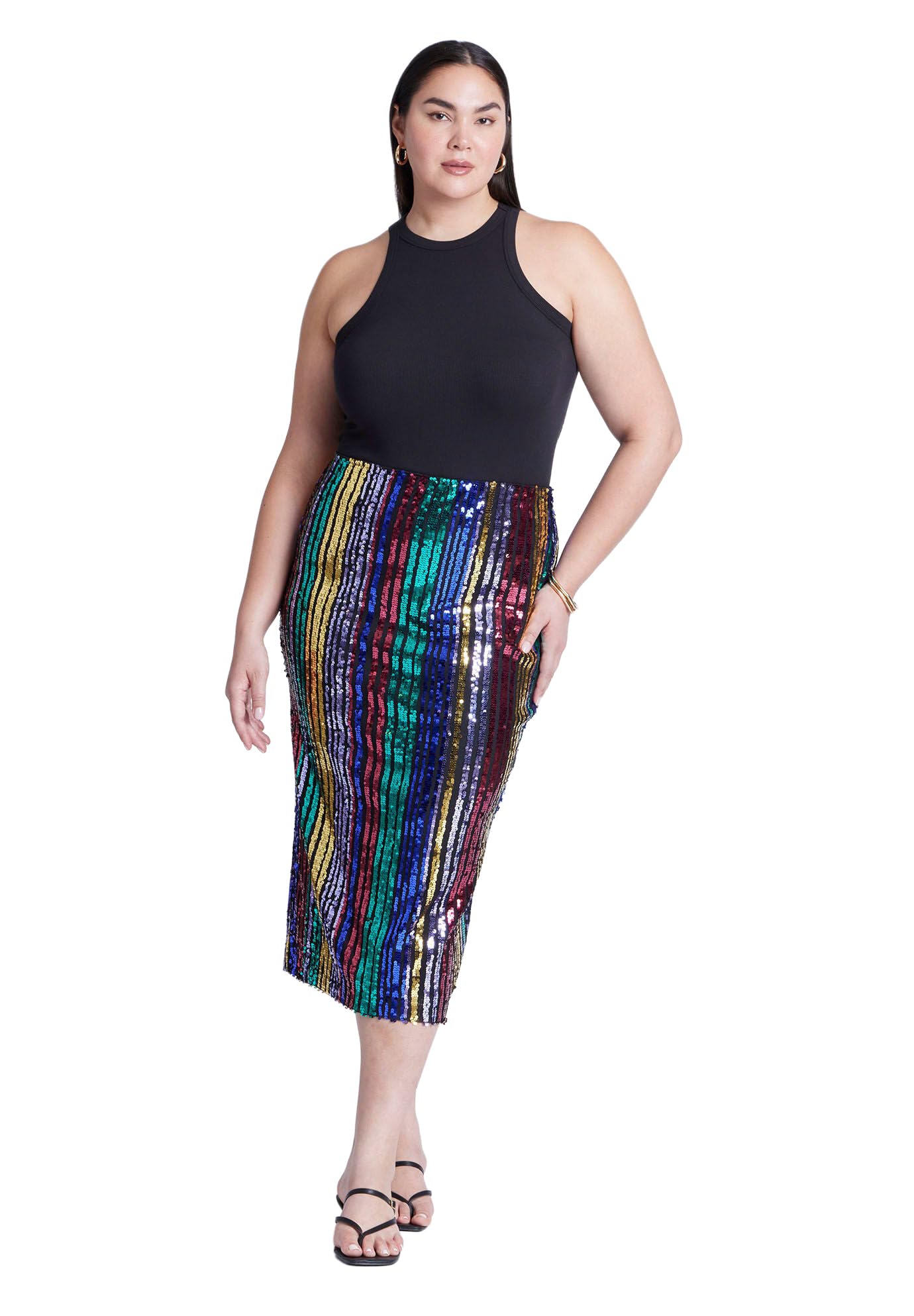 ELOQUII Women's Plus Size Rainbow Striped Sequin Midi Skirt - 16, Multi Color Stripe