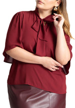 ELOQUII Women's Plus Size Bow Blouse with Flutter Sleeve - 26, Cabernet