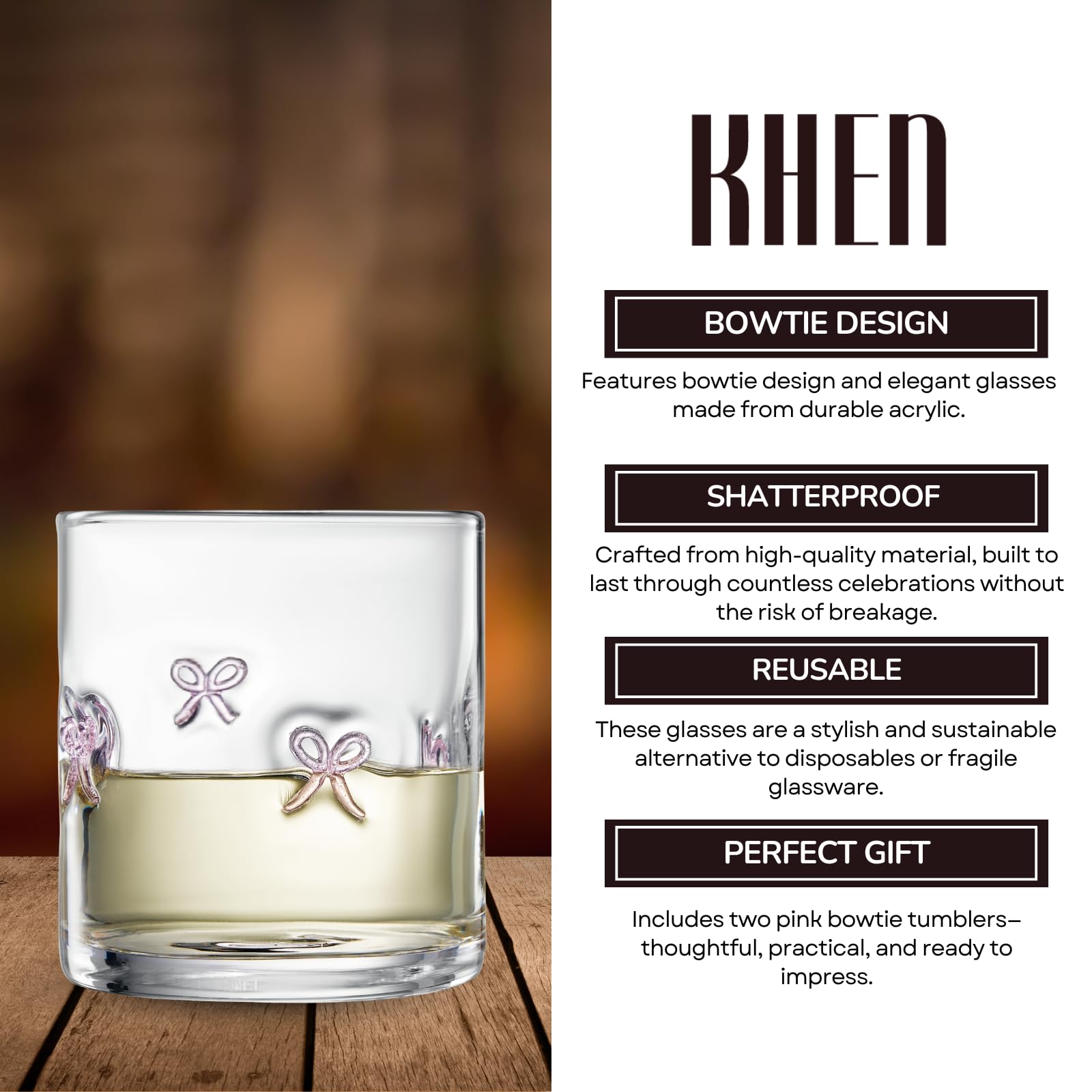 Khen Bowtie Tumblers Set Stylish Break Resistant Acrylic Drinkware - Set of 2 Pink