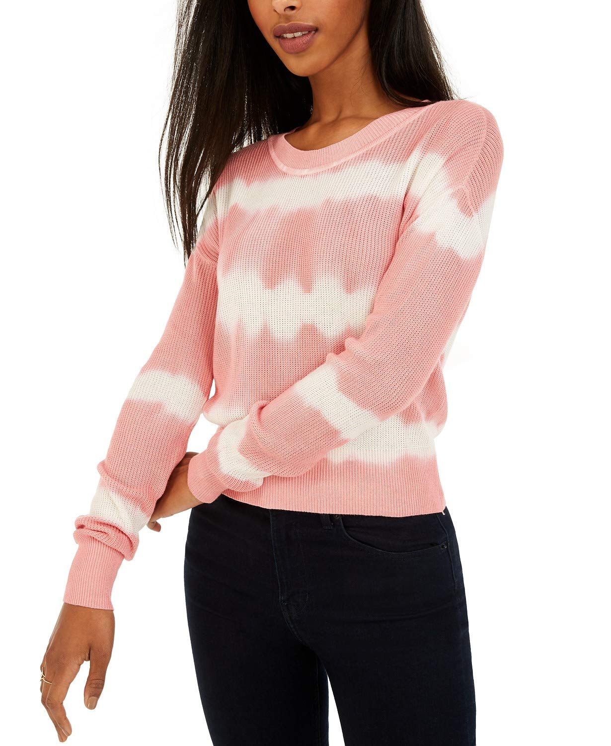 CRAVE FAME Juniors' Tie-Dyed Crew-Neck Sweater Pink Size Large