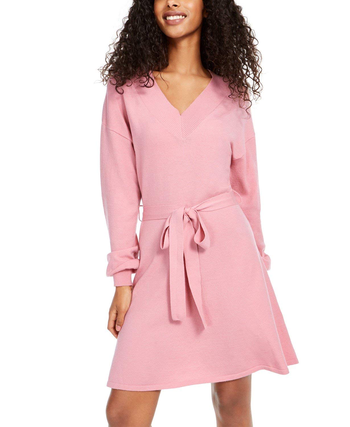Sequin Hearts Womens Juniors V Neck Fit and Flare Sweaterdress Pink S