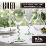 Spiral Stem Martini Glasses Set of 2, 9.2oz 7.05" Green