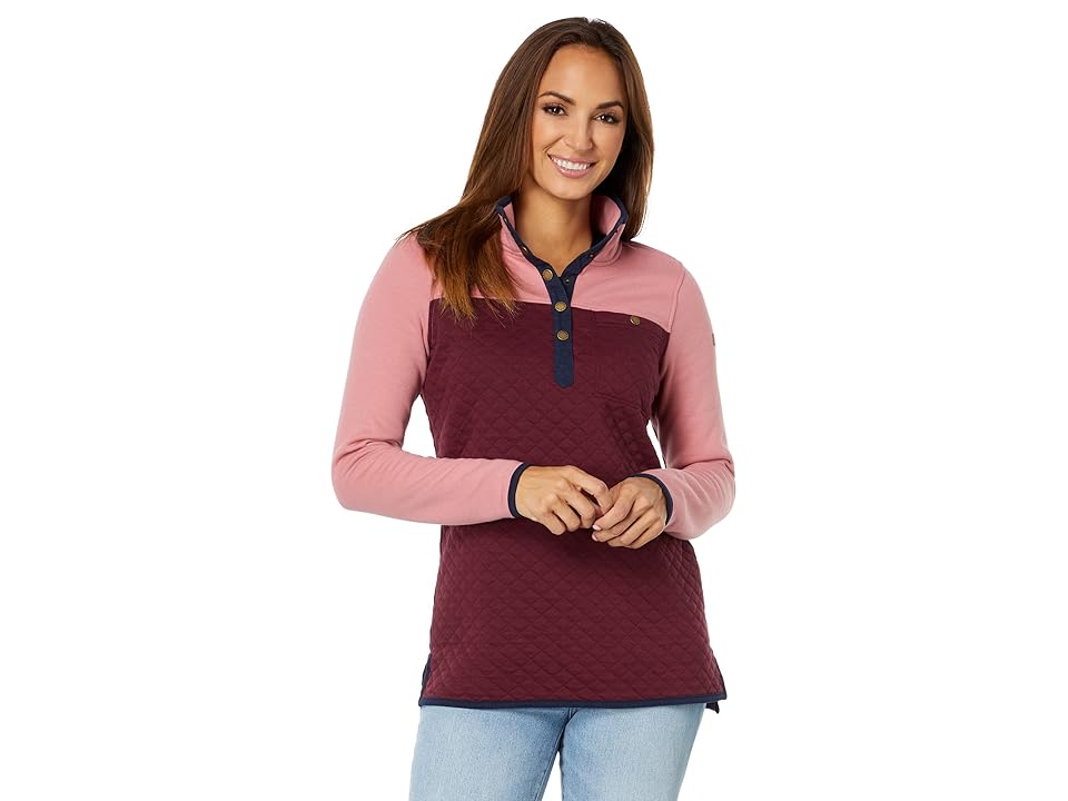 L.L.Bean Quilted Sweatshirt Mock Neck Tunic Color-Block (Rose Wash/Deep Wine) Women's Clothing