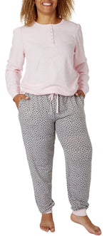 Splendid Women's Puff Sleeve Henley Jogger Set, Pink Heather/Grey Spot Dot, Medium