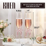 Clear Champagne Glass with Pink Bow on Stem, Set of 2