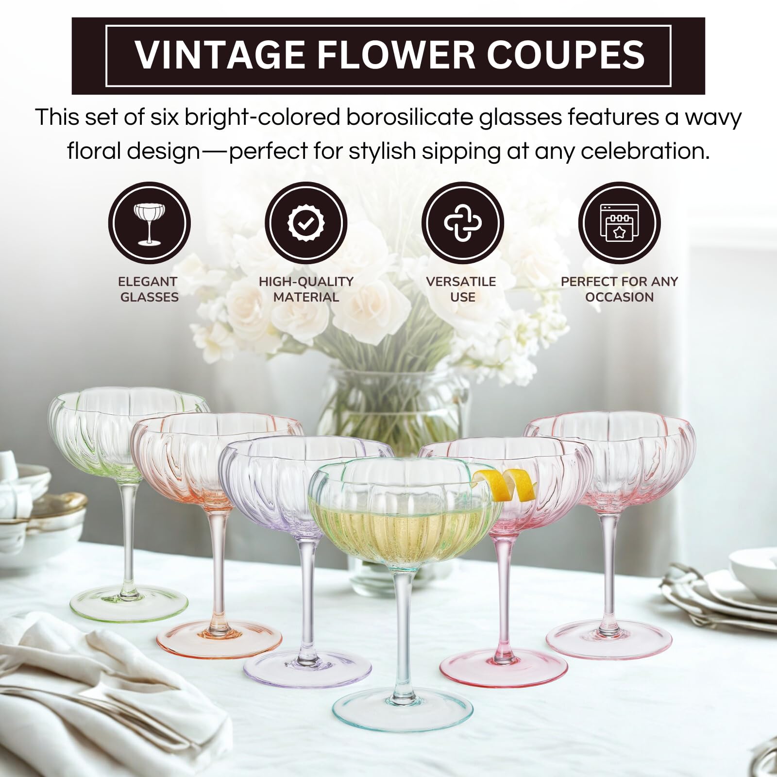Flower Coupe Cocktail Glasses | Set of 4 | Bright Colors