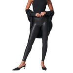 SPANX SPANXshape Faux Leather Leggings - Tummy Control Legging - with Contoured Power Waistband Stomach Compression - High Waist - Black - 28" Inseam - Medium Petite
