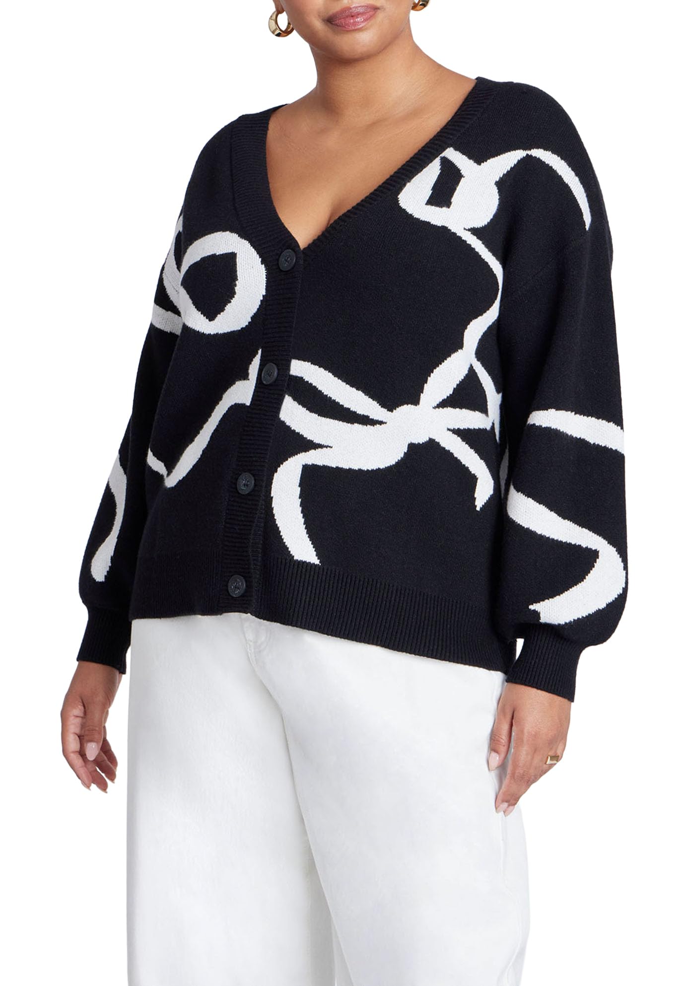 ELOQUII Women's Plus Size Intarsia Cardigan - 18/20, Black White Bows