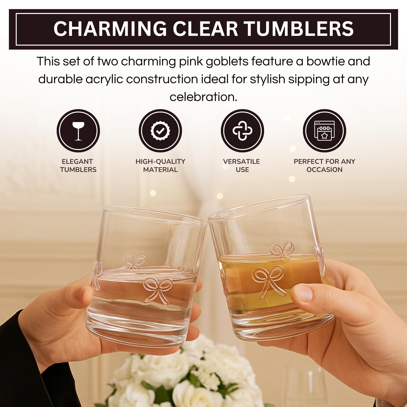 Khen Bowtie Tumblers Set Stylish Break Resistant Acrylic Drinkware - Set of 2 Pink