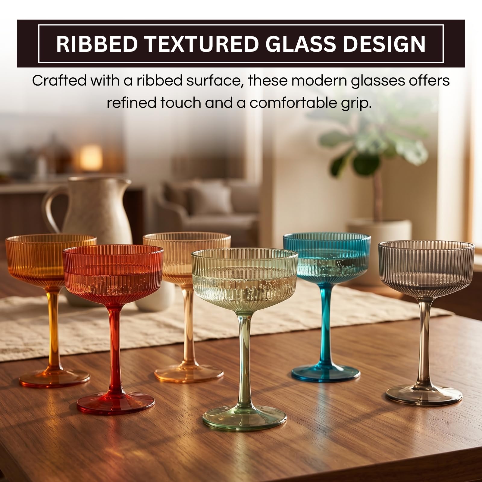 Eze Acrylic Ribbed Champagne Coupe, Cocktail Glassware, Set of 6