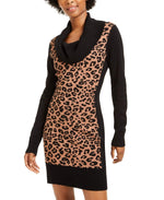 BCX Womens Juniors Cowl Neck Animal Print Sweaterdress Brown S