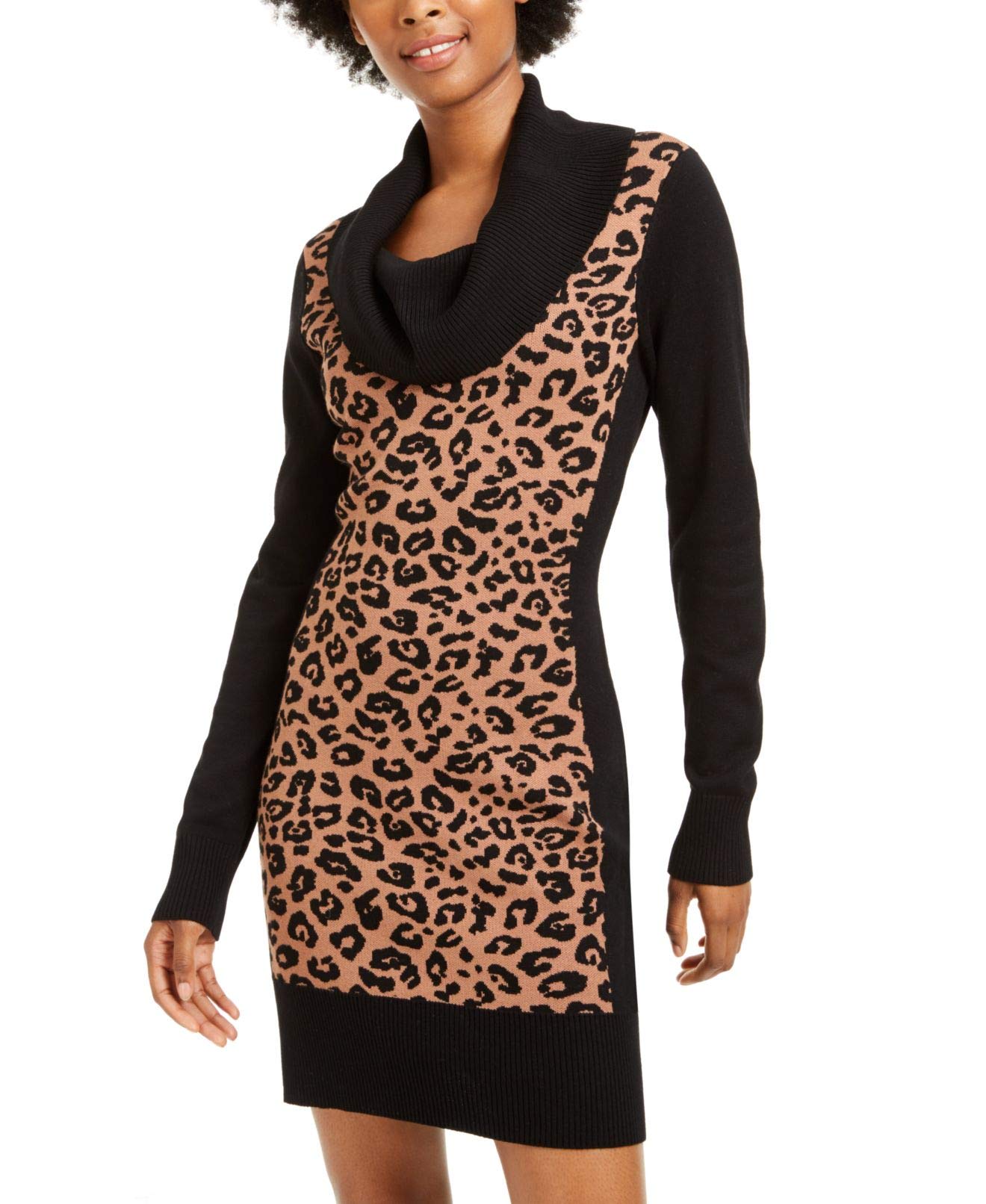 BCX Womens Juniors Cowl Neck Animal Print Sweaterdress Brown S