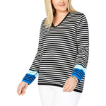 Tommy Hilfiger Womens Plus V Neck Striped Pullover Sweater Navy 0X