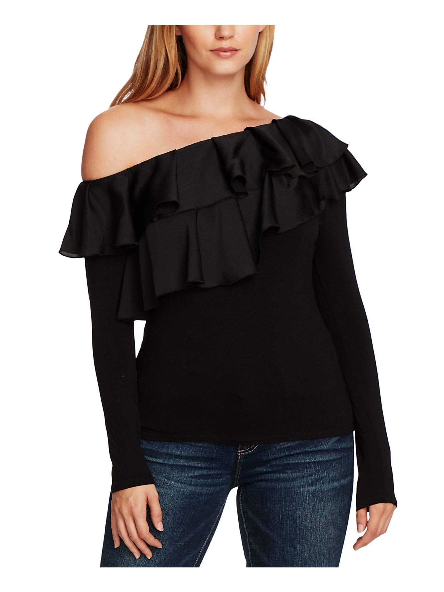 Vince Camuto Women's Ruffled Long Sleeve Off Shoulder Top Black Size Petite XS