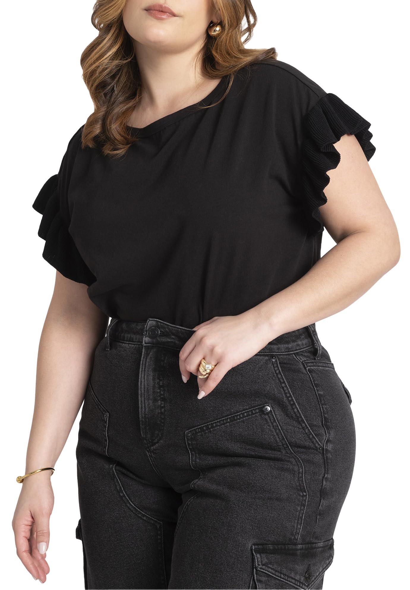 ELOQUII Women's Plus Size Ruffle Sleeve Tee - 18/20, Black