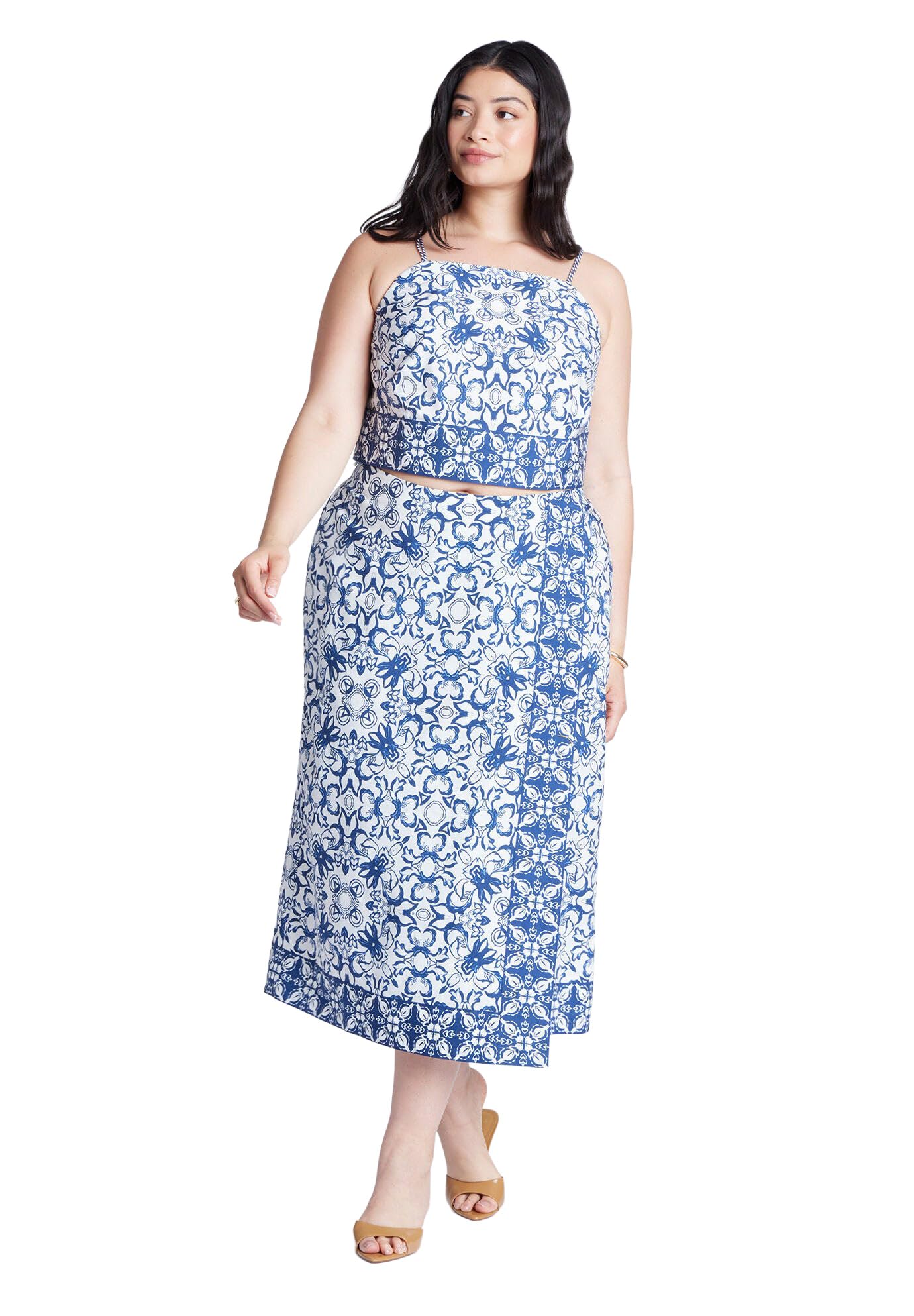 ELOQUII Women's Plus Size Border Print Midi Skirt - 24, Azulejo