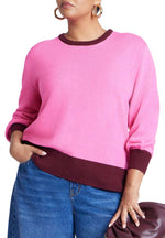 ELOQUII Women's Plus Size Contrast Rib Sweater - 14/16, Candy Pink Maroon Banner