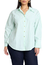 ELOQUII Women's Plus Size Preppy Striped Button Down - 14, Green and White