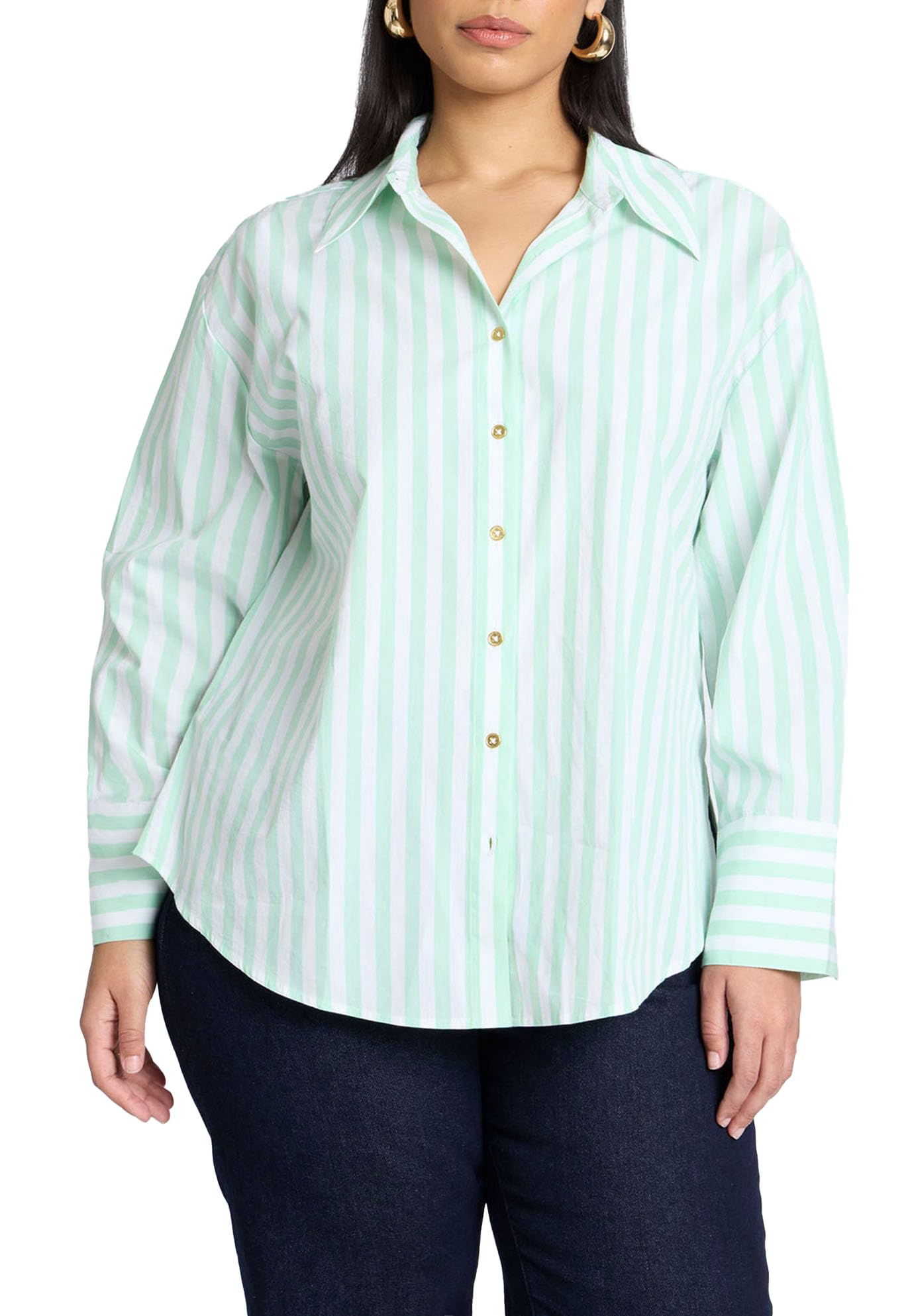 ELOQUII Women's Plus Size Preppy Striped Button Down - 14, Green and White