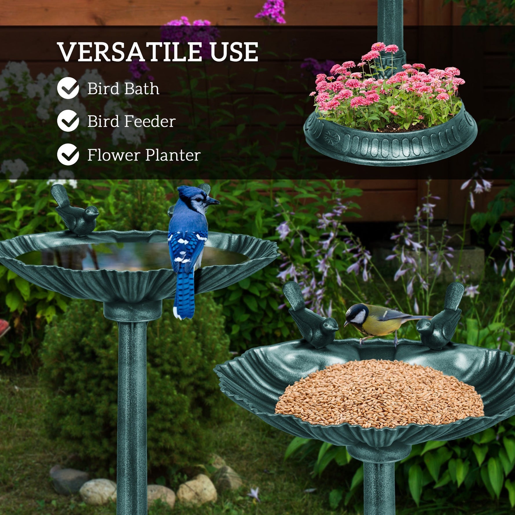 Outsunny 32" Antique Bird Bath with Pedestal Flower Planter Base
