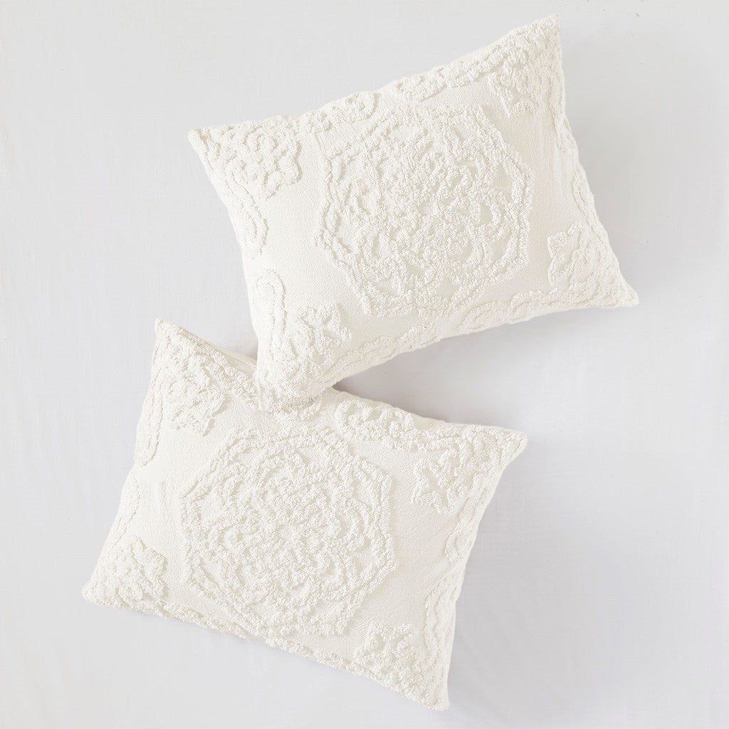 Tufted Cotton Chenille Medallion Fringe Coverlet Mini Set - Off-White Full/Queen