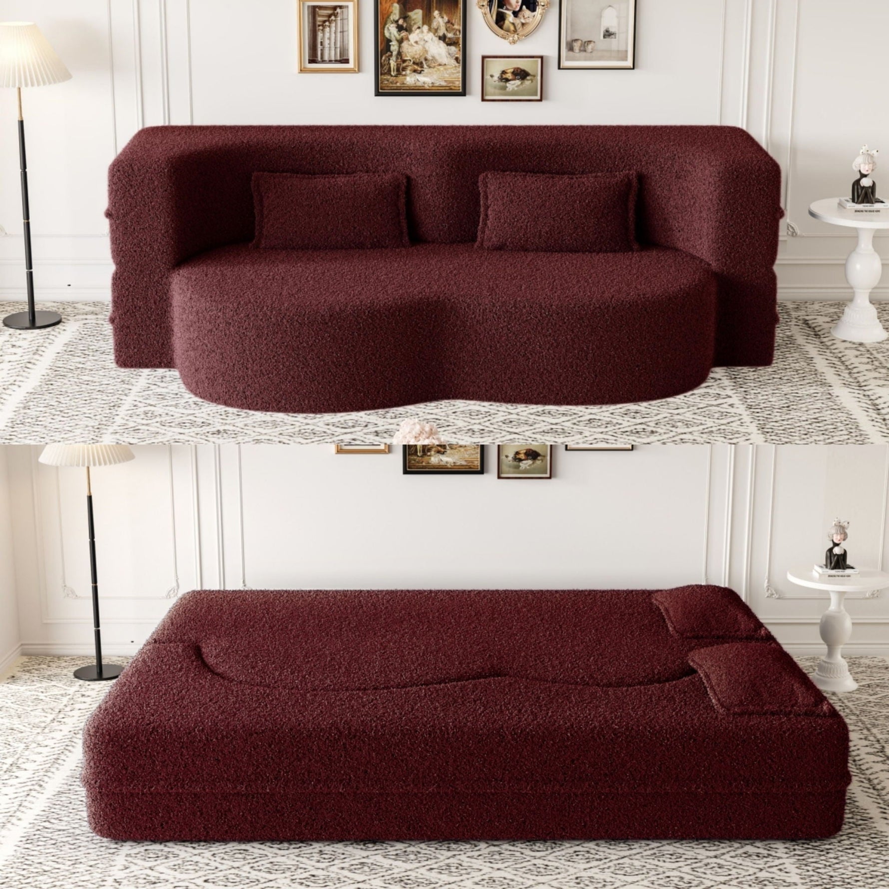 Modern Floor Sofa With Two Pillows Convertible Teddy Fabric Foam Filled Bed