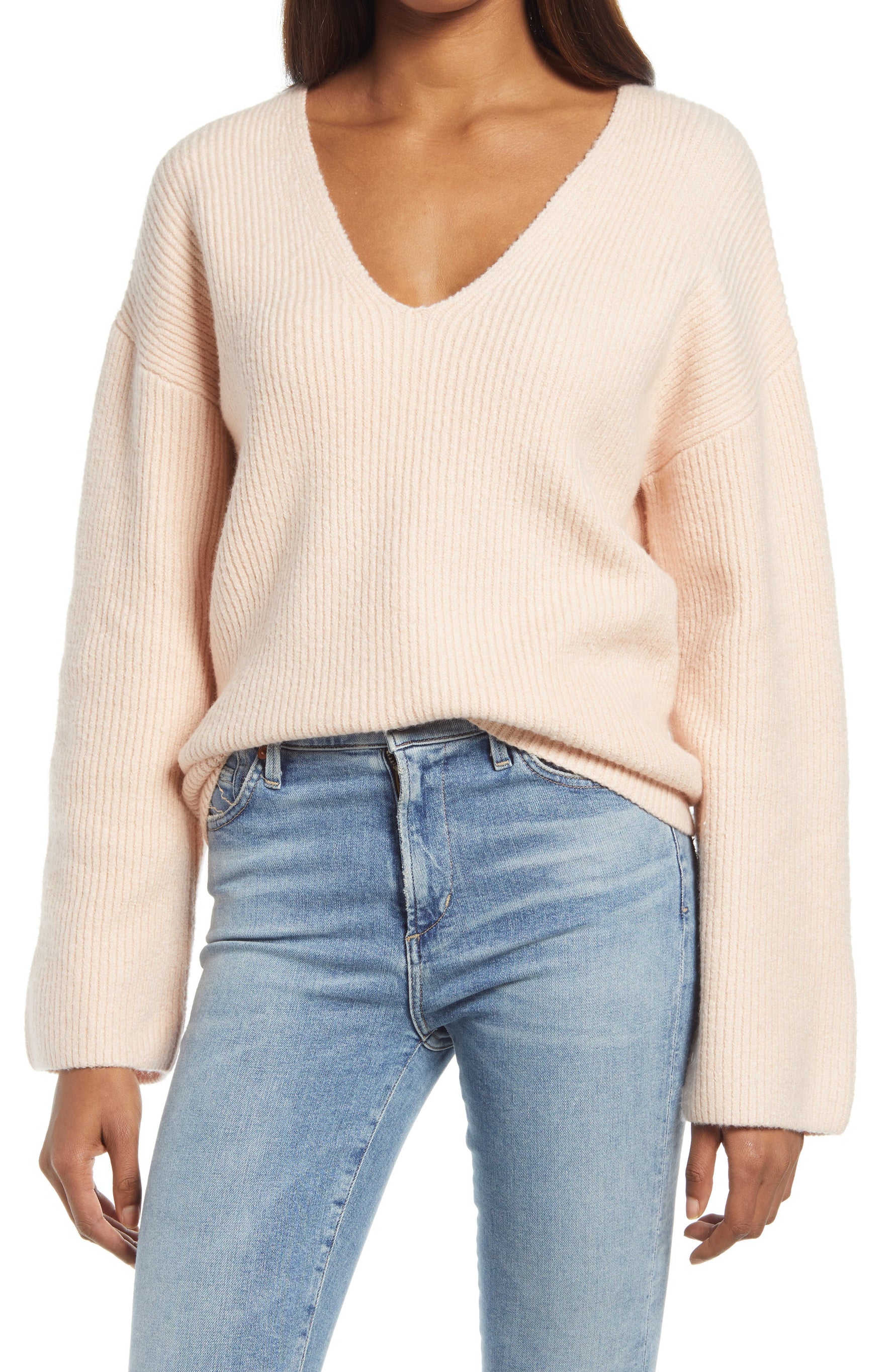 Women's Pink Rib Stitch V-Neck Sweater - Size Small