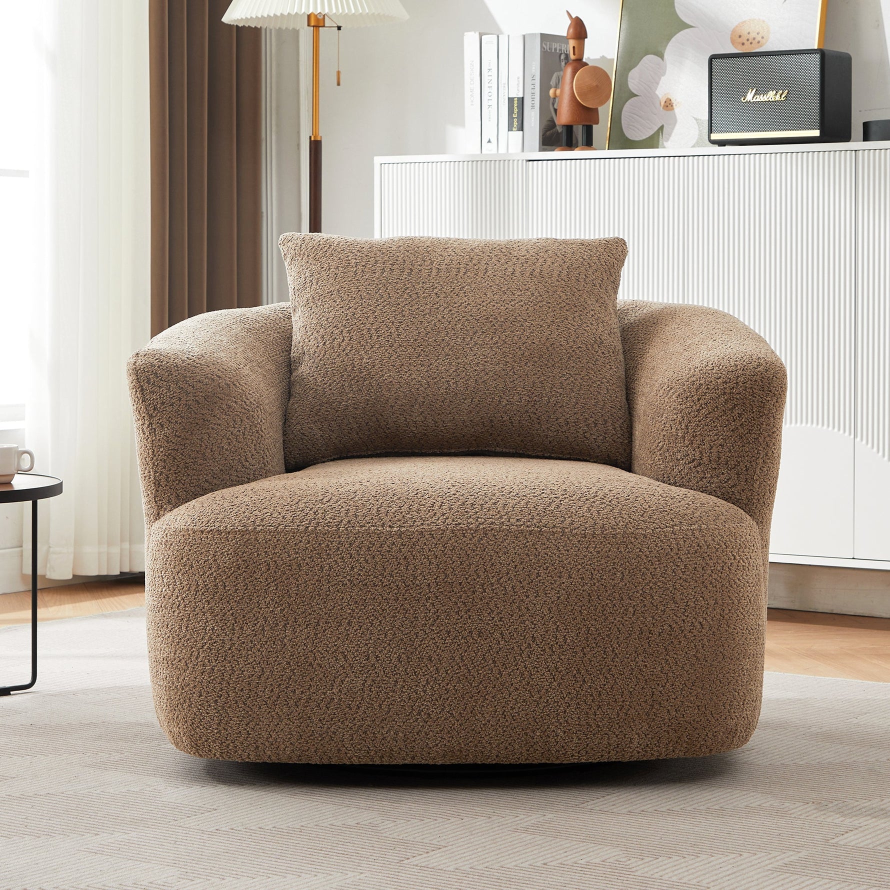 Chenille Upholstered 360° Swivel Chair with Throw Pillow, Dark Brown